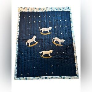 Handmade Quilted Navy Blue Rocking Horse Pattern Quilt 53.5”LX41.5”W Cowboys